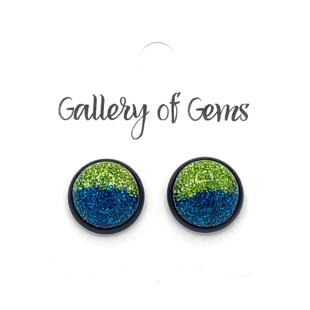 Green & Blue Glitter Glass Black Stud Earrings!